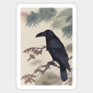 Japanese Raven painting, sumi-e ink brush Sticker